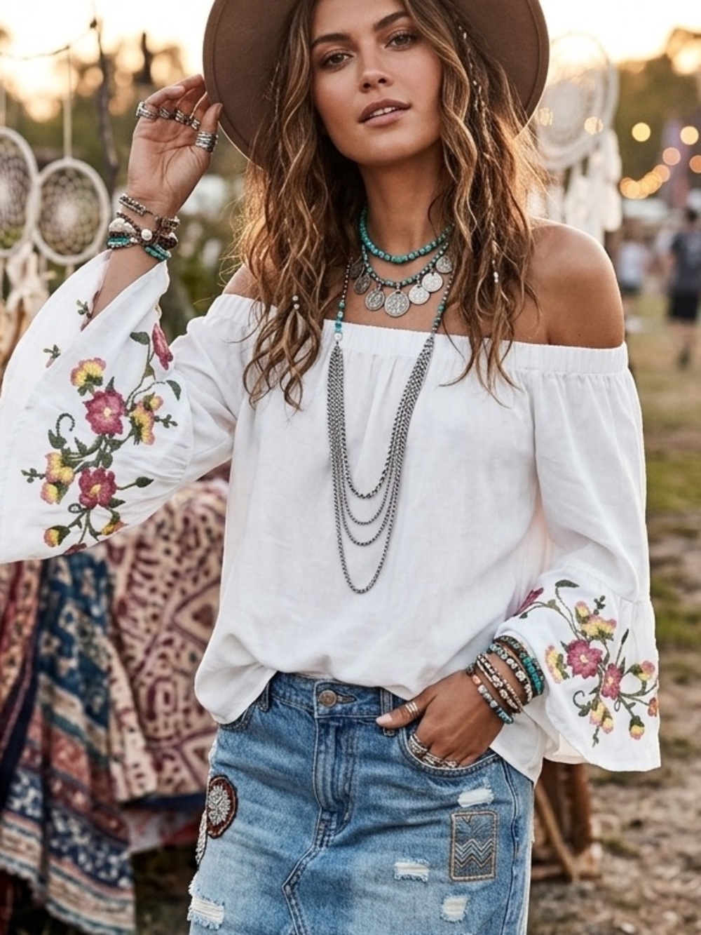 Crave Fame White Off The Shoulder Floral Embroidered Bell Sleeve Boho Blouse M